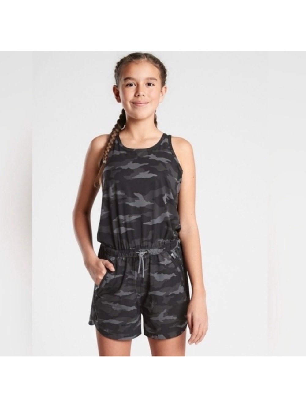 Athleta Girl Kids Girl on the Go Camo Sleeveless Romper Gray Black Size XL/14